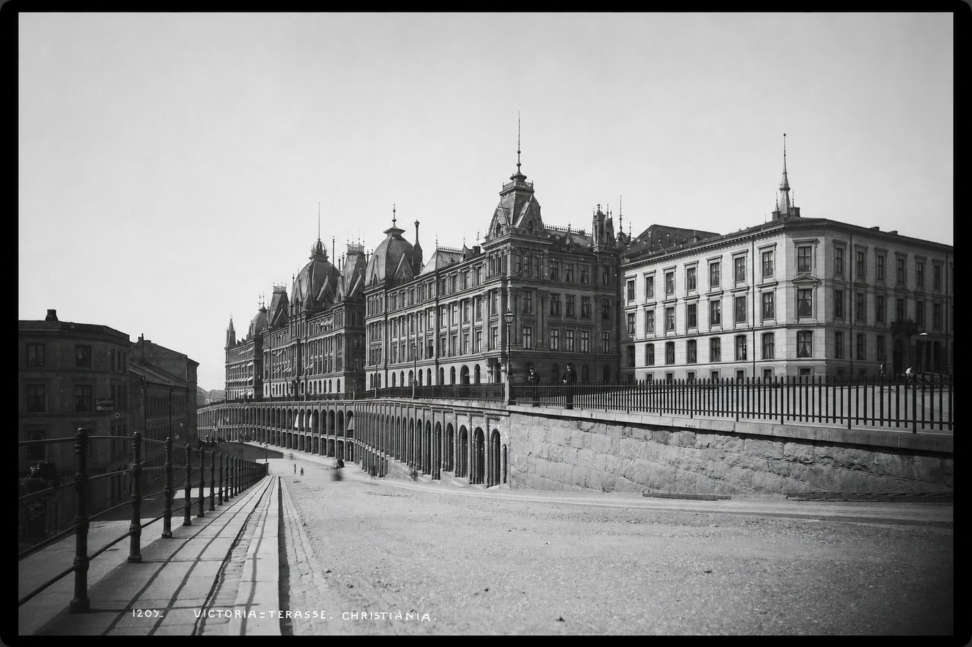 The same street with the sky clear and a building filling the edge that had crumbled away