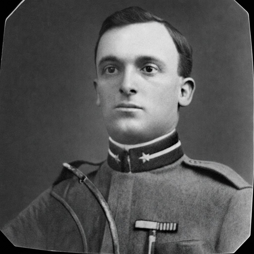 The same soldier with the surface clean, his uniform and background largely rebuilt by the repair