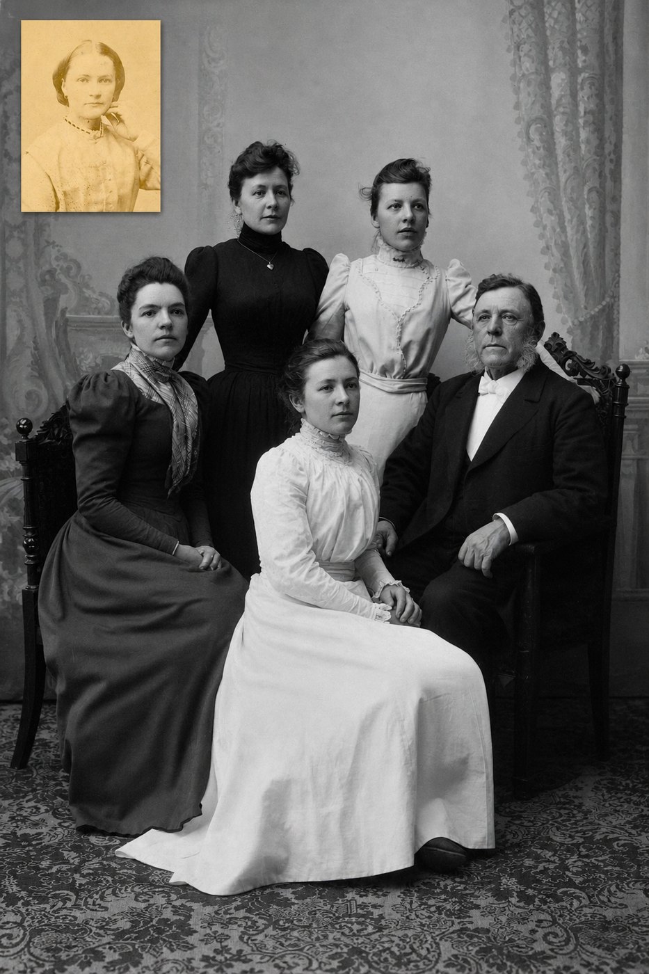 The same portrait cleaned, the seated woman now with a complete face the repair supplied