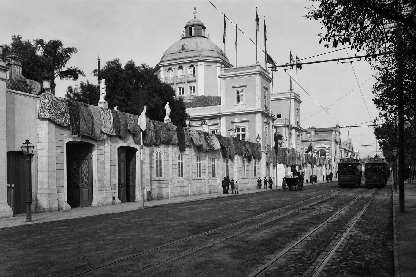 The same street with the staining gone, the left edge filled with wall and figures the repair supplied